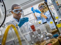 Students working in a science lab.
